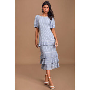 Lulus Fleur 'em In Light Blue Tiered Embroidered Midi Dress - Size XS